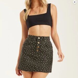 BILLABONG Dixie Floral Denim Jeans Skirt Black Button‎ Cotton Size 25 NWT